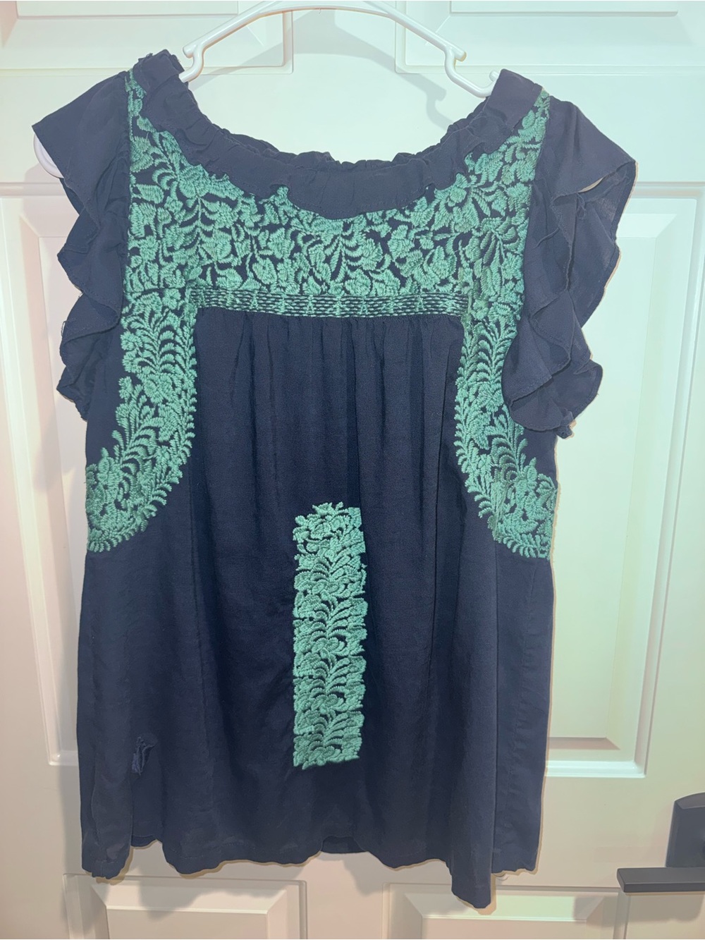 Navy Flutter Sleeve Blouse with Teal Embroidery J Marie XS